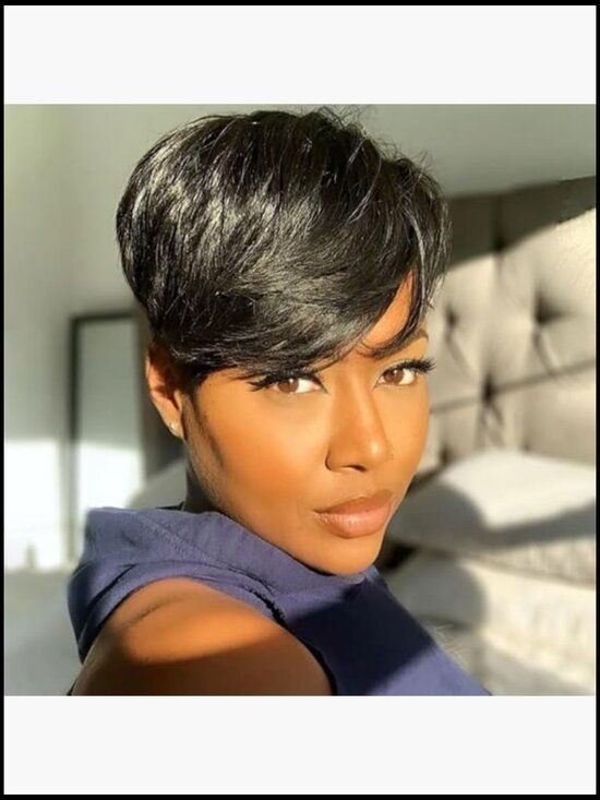 Pixie Cut Human Hair Wig with Bangs Layered Wavy Capless Breathable Heat